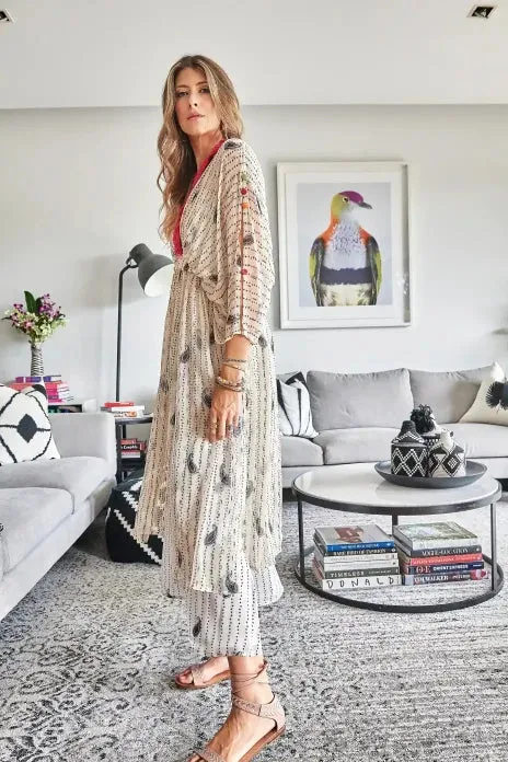 Black And White Bandhani Kimono Maxi Duster