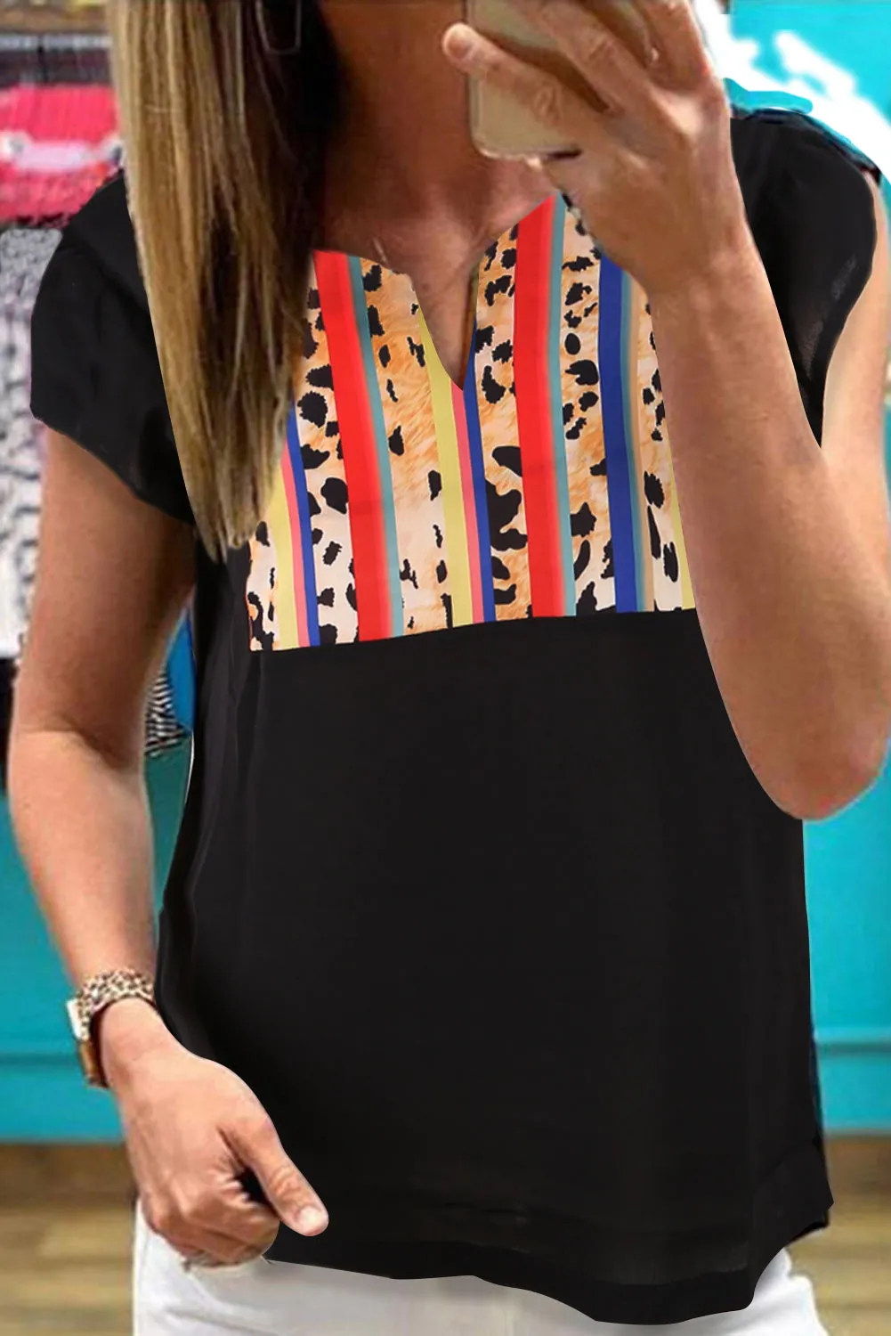 Black Colorful Striped Leopard Splicing Top