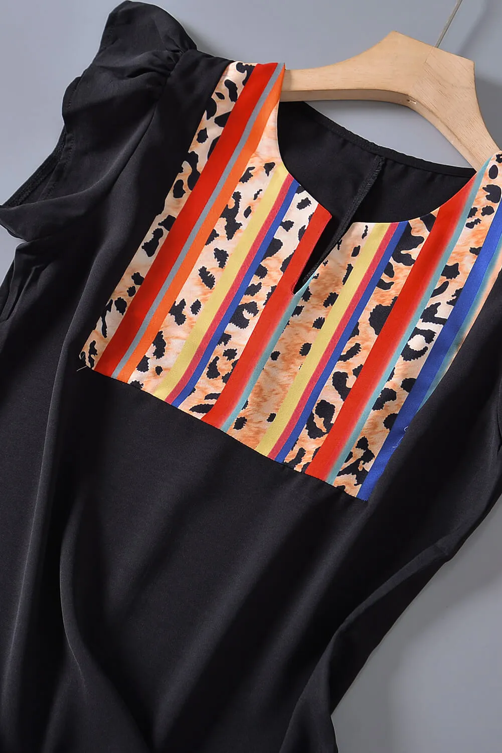 Black Colorful Striped Leopard Splicing Top