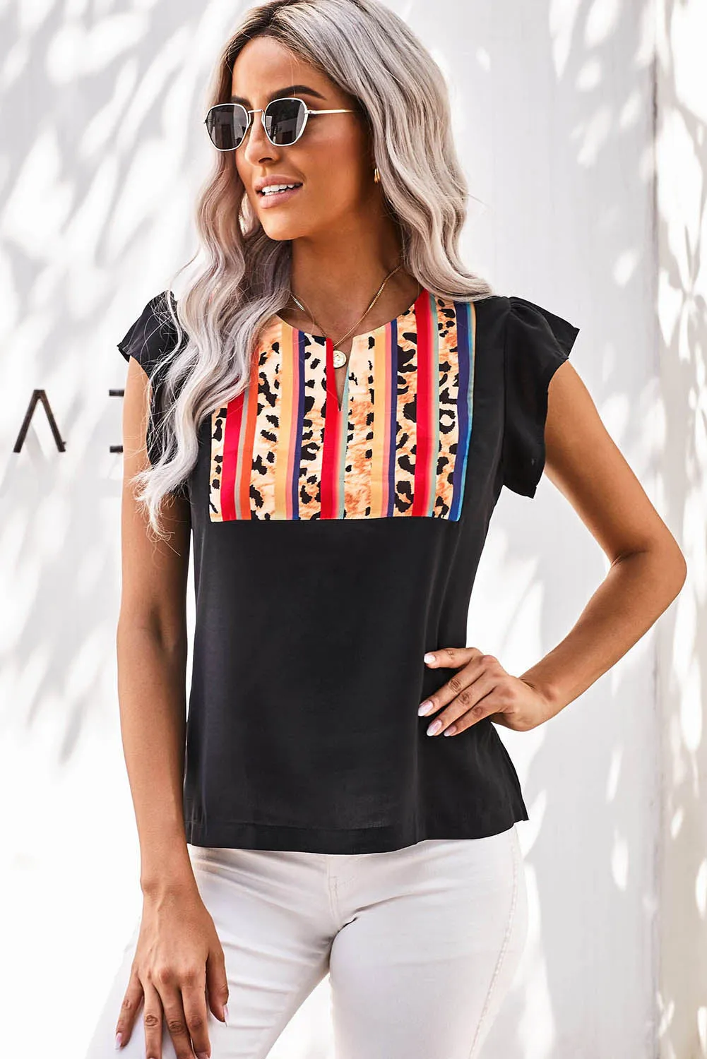 Black Colorful Striped Leopard Splicing Top