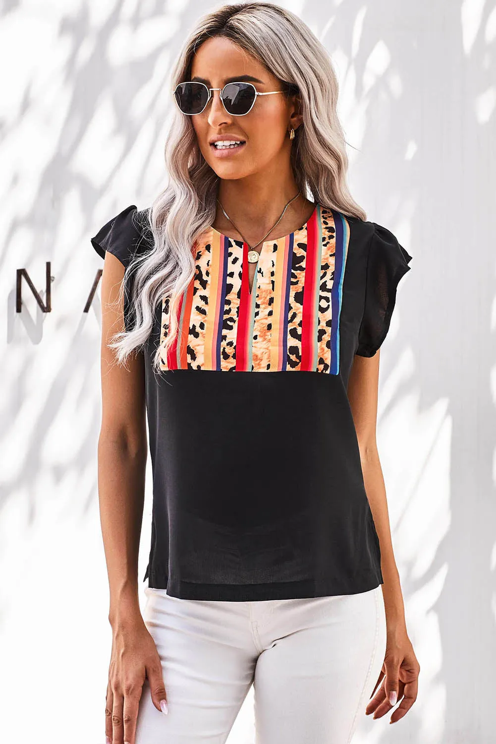 Black Colorful Striped Leopard Splicing Top