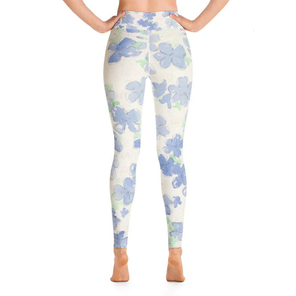 Blu&White Watercolor Floral Yoga Leggings