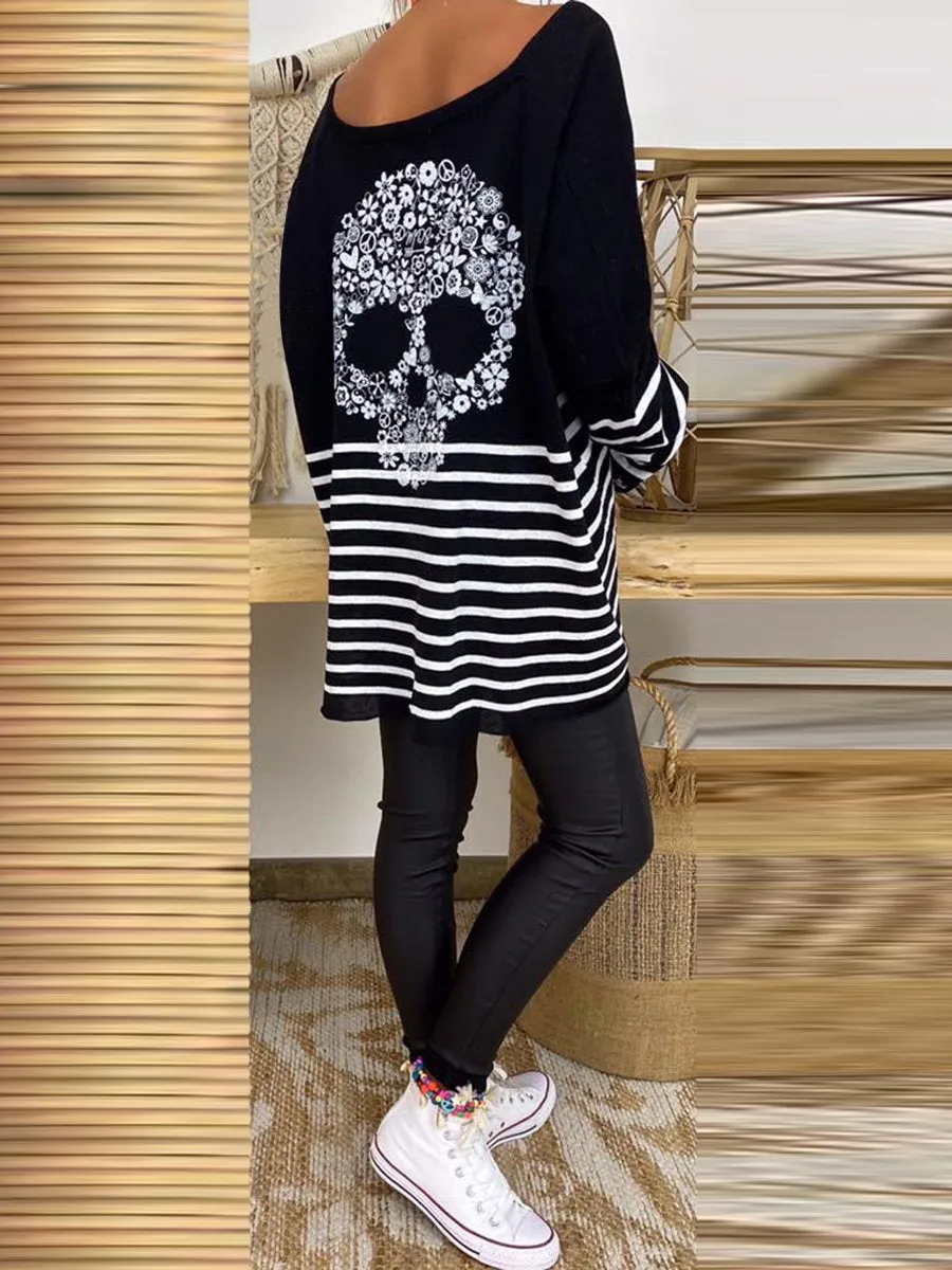 Casual Large Neck Skull Print T-Shirt