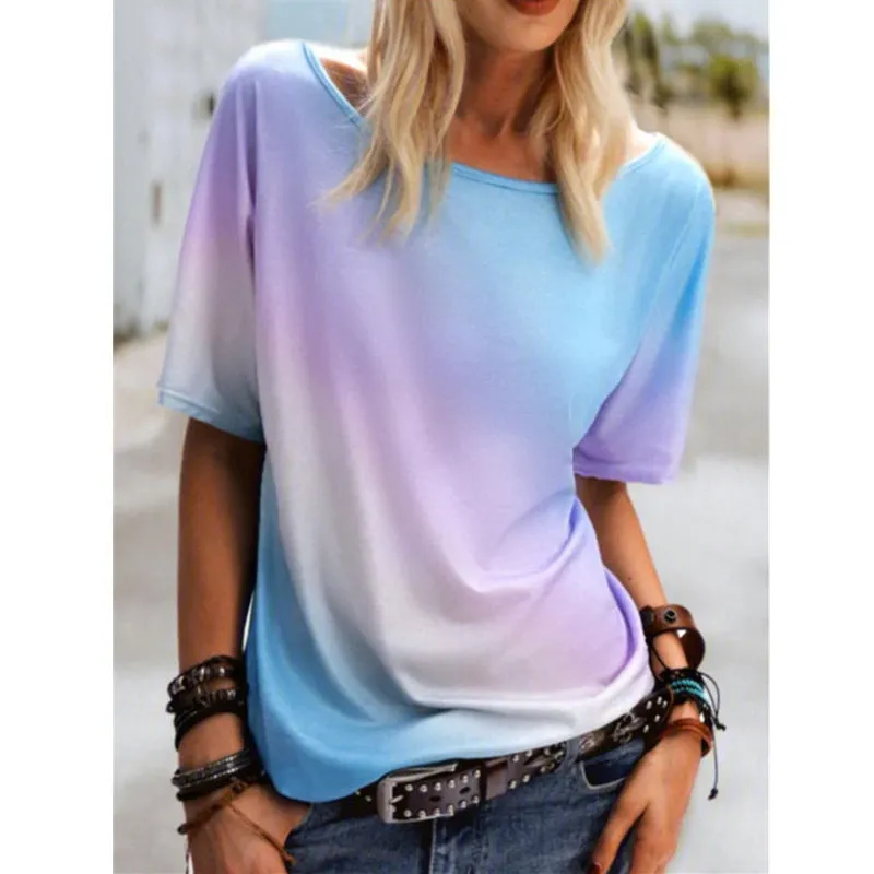 Casual round neck rainbow printed t-shirt loose top