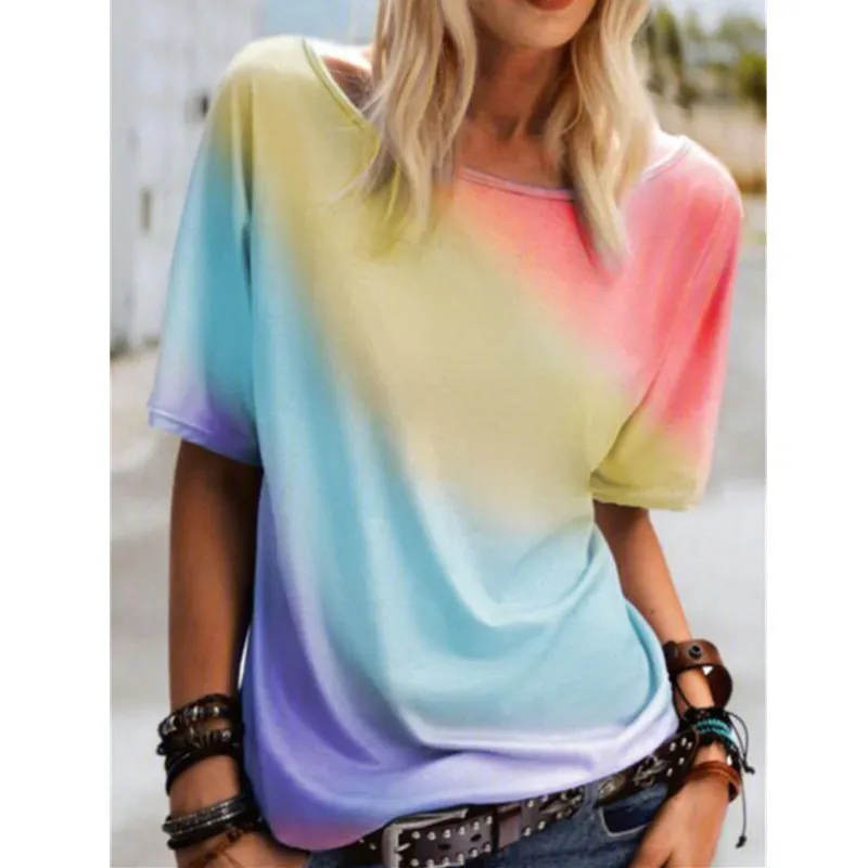 Casual round neck rainbow printed t-shirt loose top