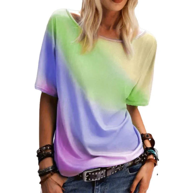 Casual round neck rainbow printed t-shirt loose top