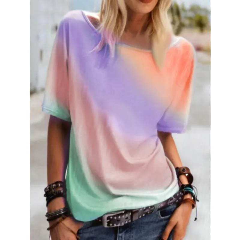 Casual round neck rainbow printed t-shirt loose top