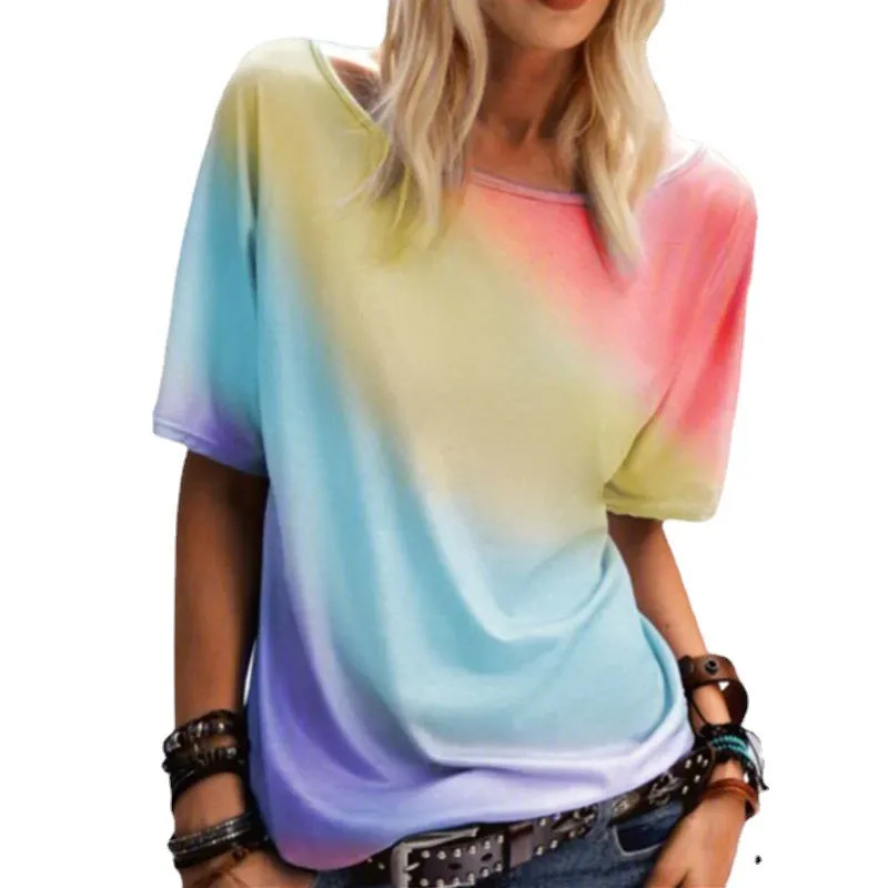 Casual round neck rainbow printed t-shirt loose top