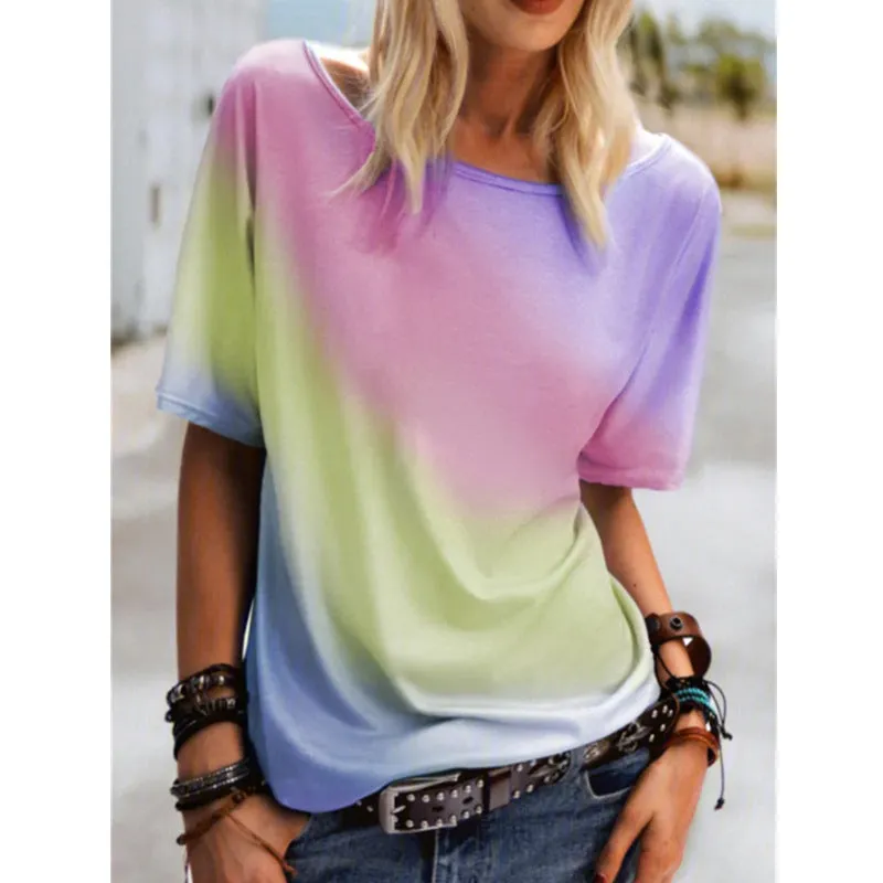 Casual round neck rainbow printed t-shirt loose top