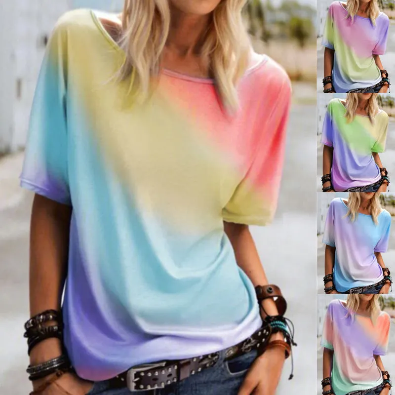 Casual round neck rainbow printed t-shirt loose top