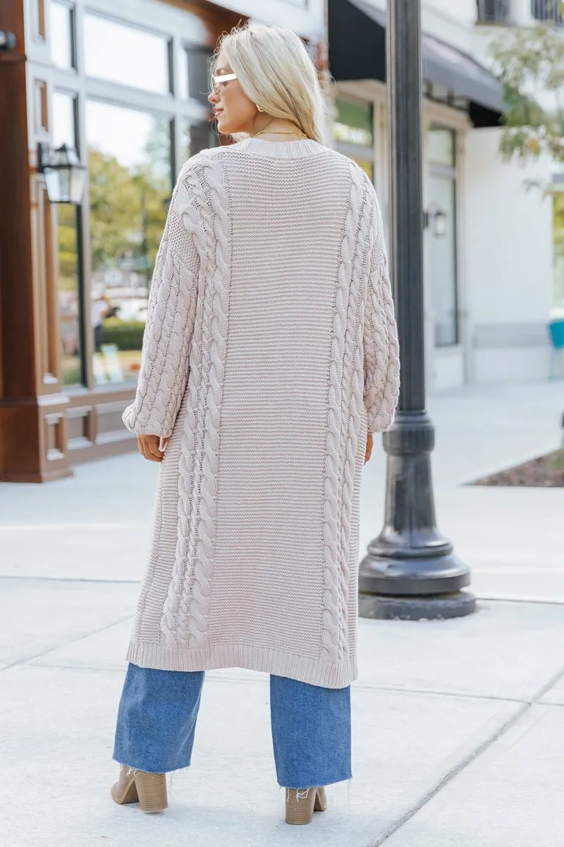 Chunky Cable Knit Duster Cardigan - Light Beige - FINAL SALE