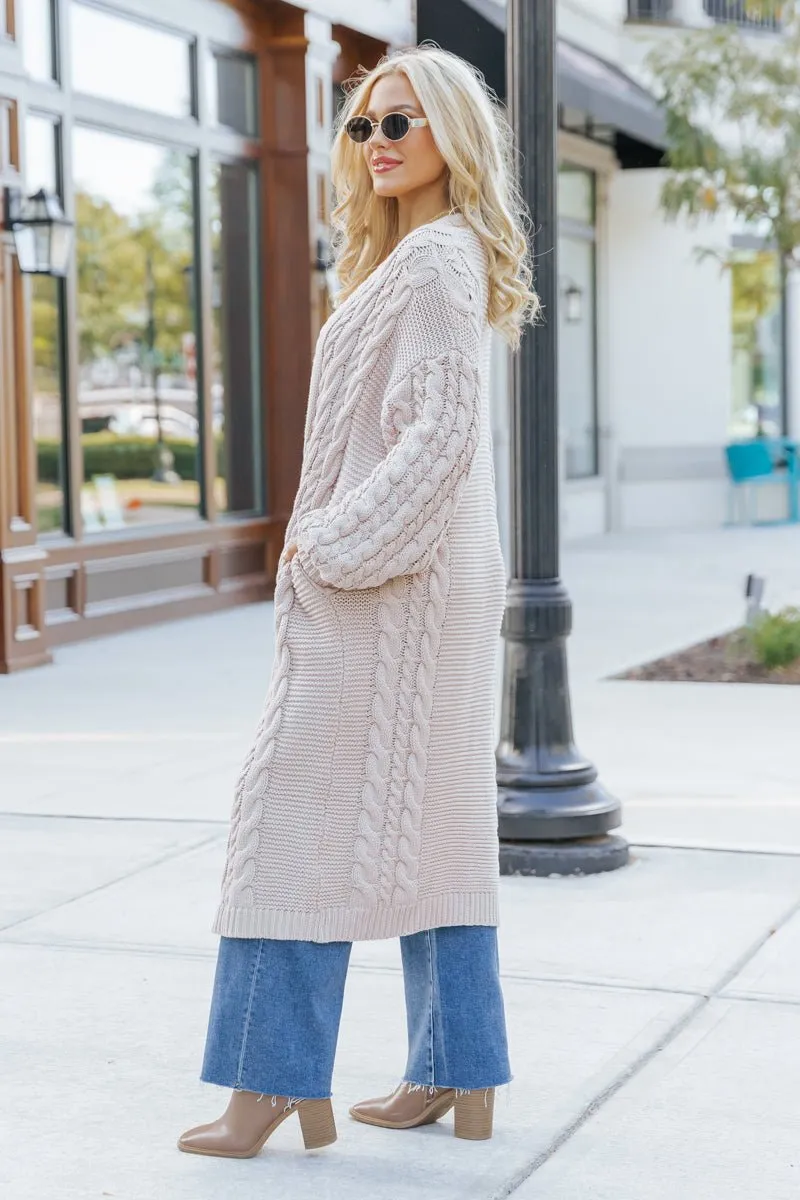 Chunky Cable Knit Duster Cardigan - Light Beige - FINAL SALE