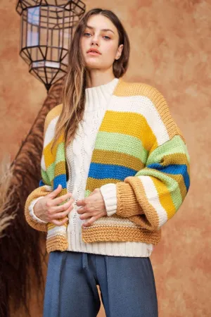 Contrast Striped Open Front Lantern Sleeve Cardigan