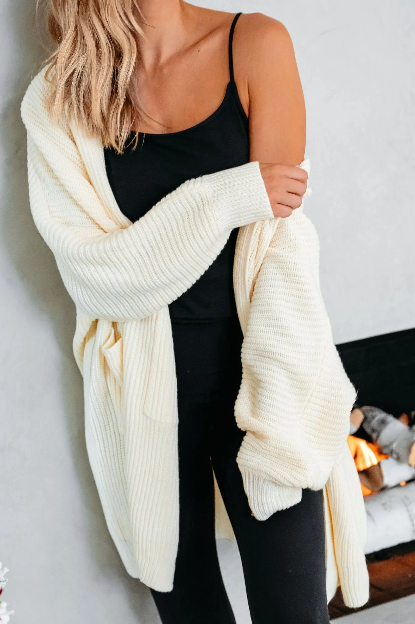 Cream Ribbed Long Hooded Cardigan