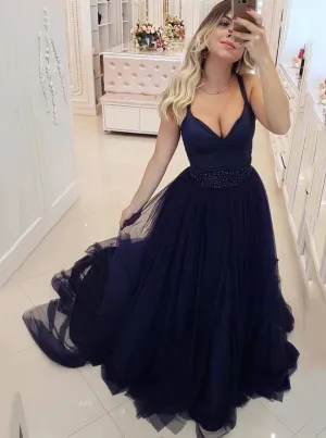 Dark Royal Blue Tulle Long Prom Dresses, Formal Party Dress With Beading PO289