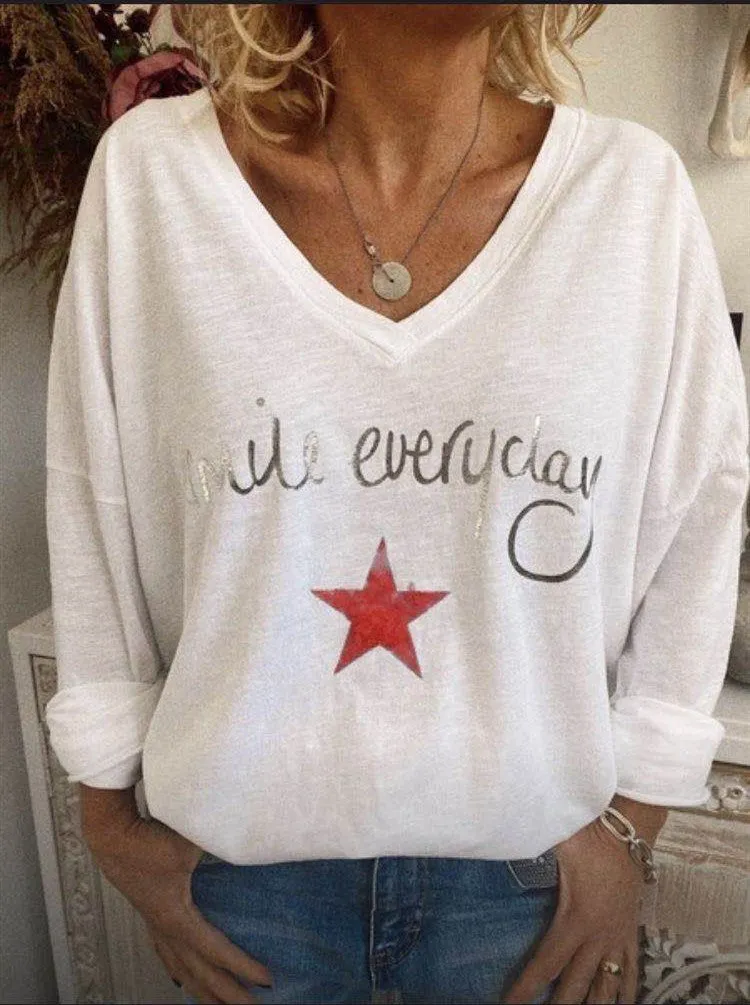 Fashion all-match casual loose V-neck long-sleeved printed T-shirt