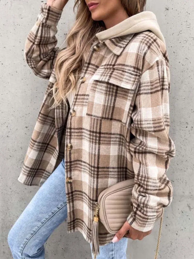 Fashionkova  Autumn Hooded Jackets Coats Women Thick Plaid Jacket Women Long Checkered Jackets Female Winter Coats Warm Overshirt Ladies