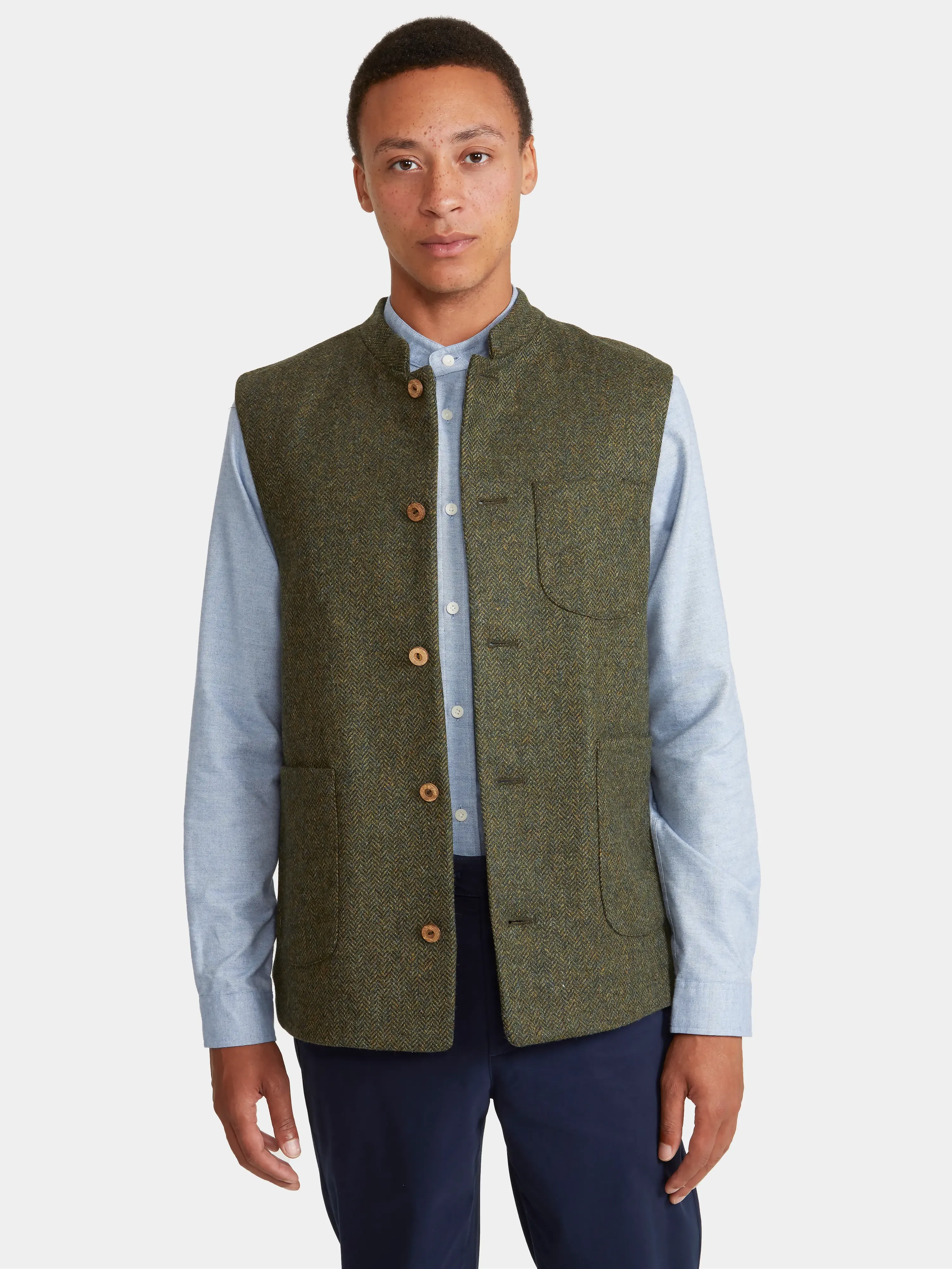 Green Herringbone Tweed Nehru Waistcoat