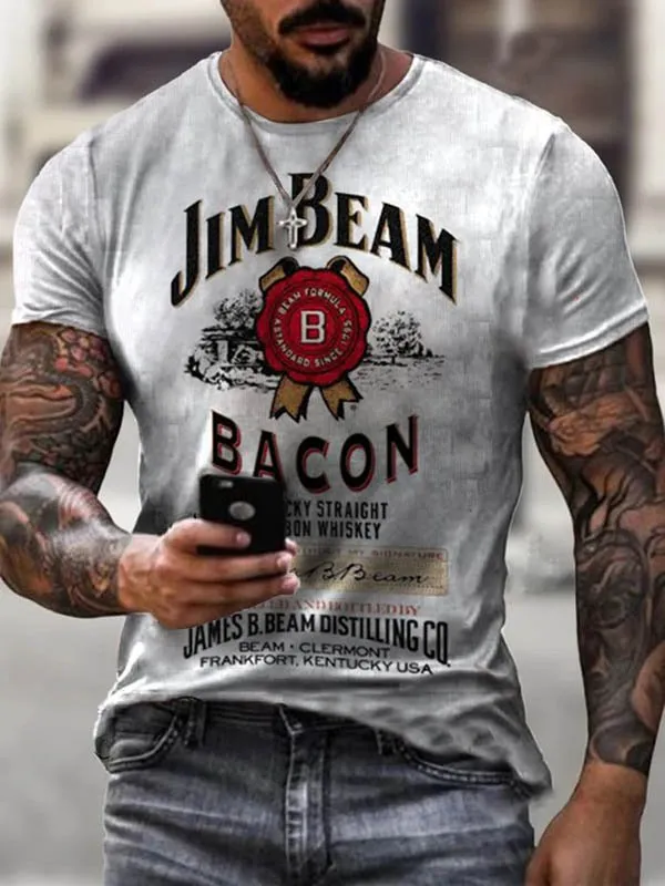 Grey Round Neck Casual Jim Beam Print T-Shirt