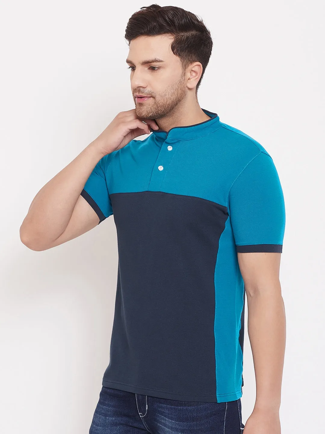 JUMP USA Men Colourblocked Navy Polo T-shirt