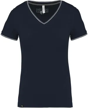 KRB K394 ― Damen Piqué-Trikot V-Neck T-Shirt - Navy Blau / Grau / Weiß