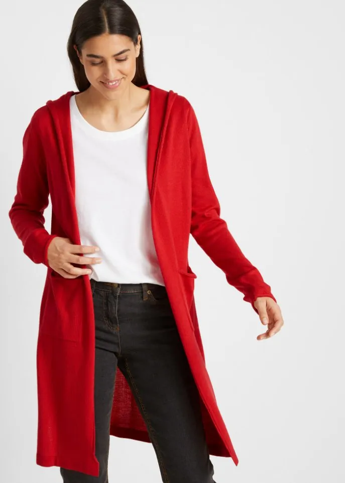 Long cardigan with hood Bpc Bonprix Collection, red