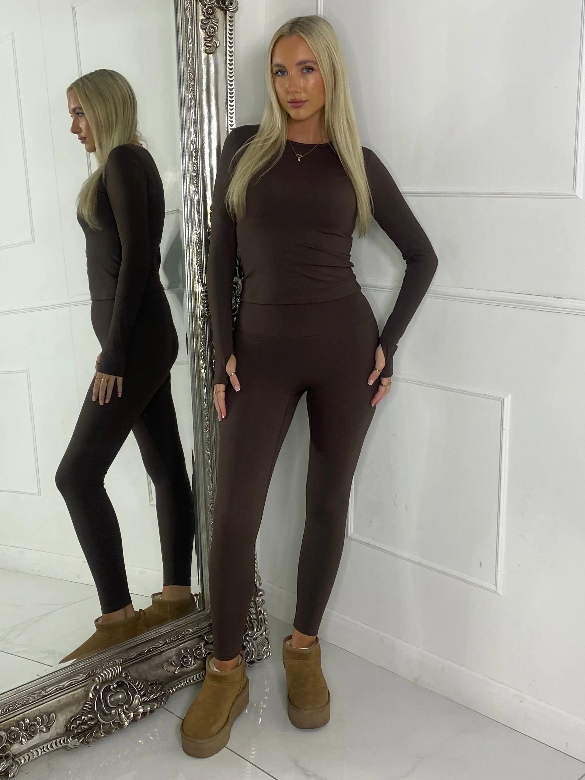 Long Sleeve Gym Top & Sculpt Leggings Set - Chocolate Brown