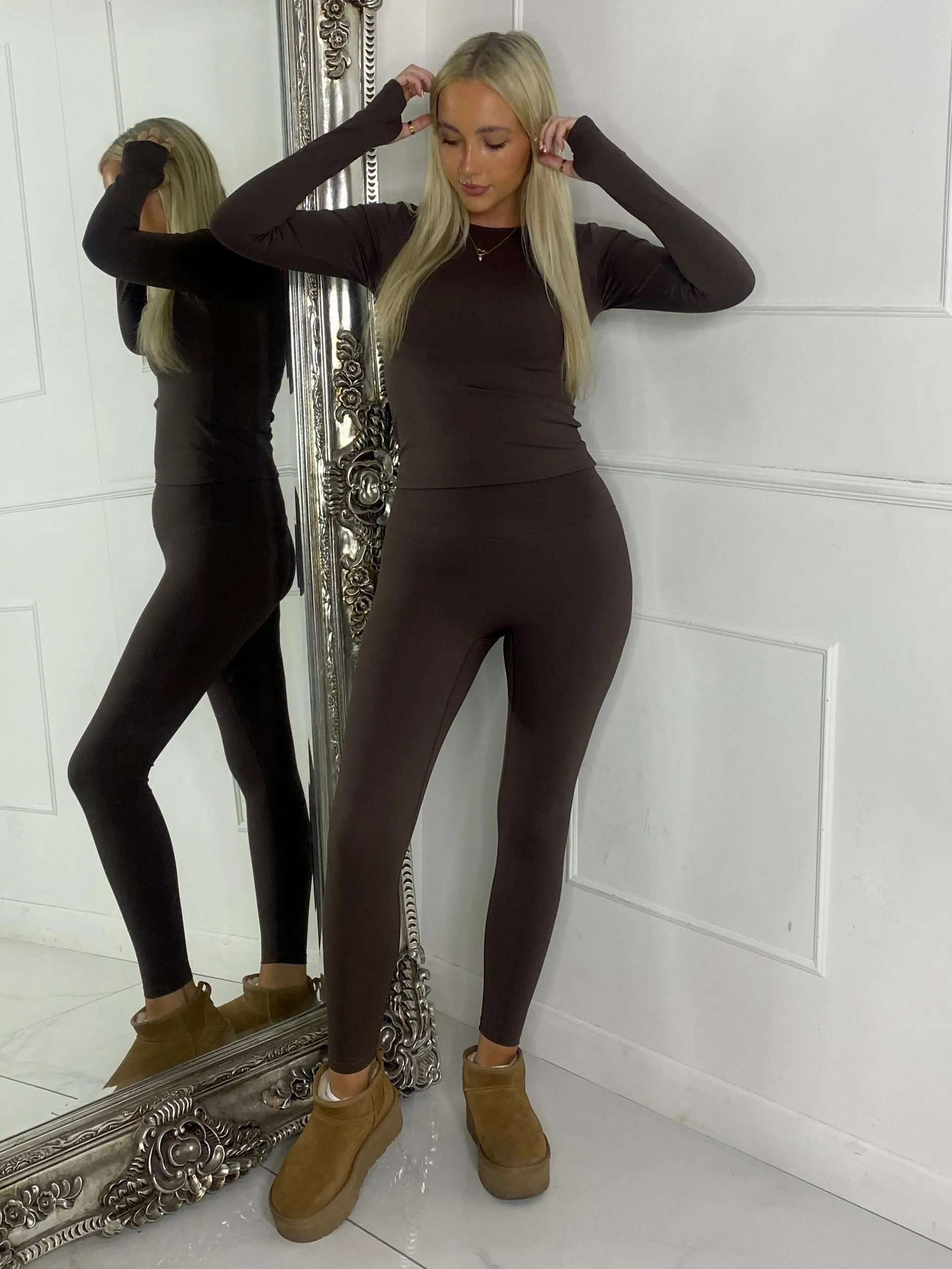 Long Sleeve Gym Top & Sculpt Leggings Set - Chocolate Brown