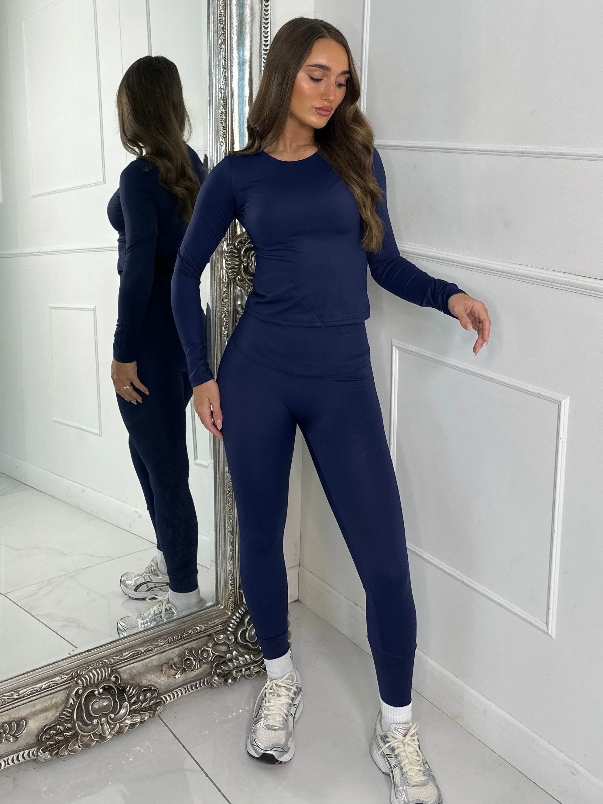 Long Sleeve Gym Top & Sculpt Leggings Set - Navy