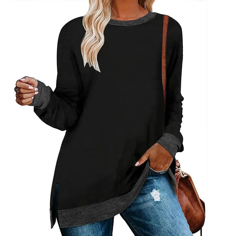 Long sleeve round neck color block slit top loose casual pullover t-Shirt