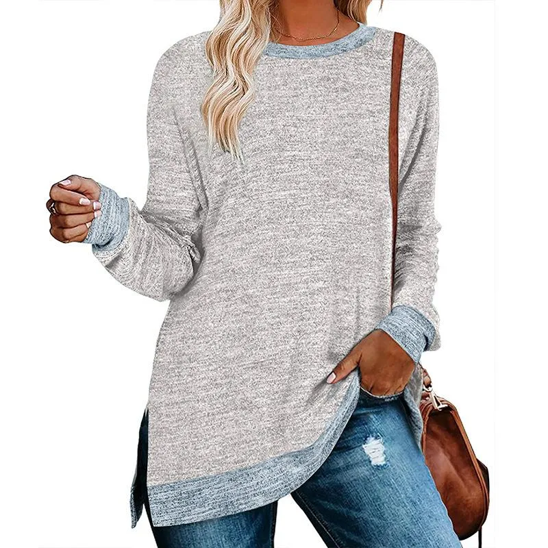 Long sleeve round neck color block slit top loose casual pullover t-Shirt