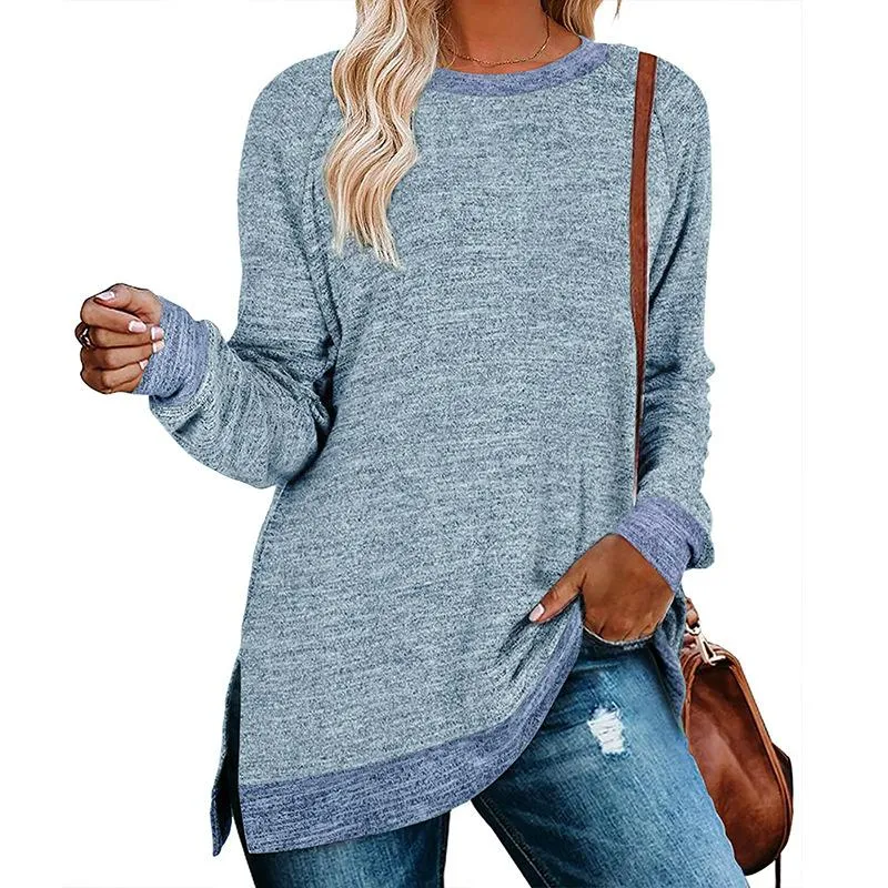 Long sleeve round neck color block slit top loose casual pullover t-Shirt