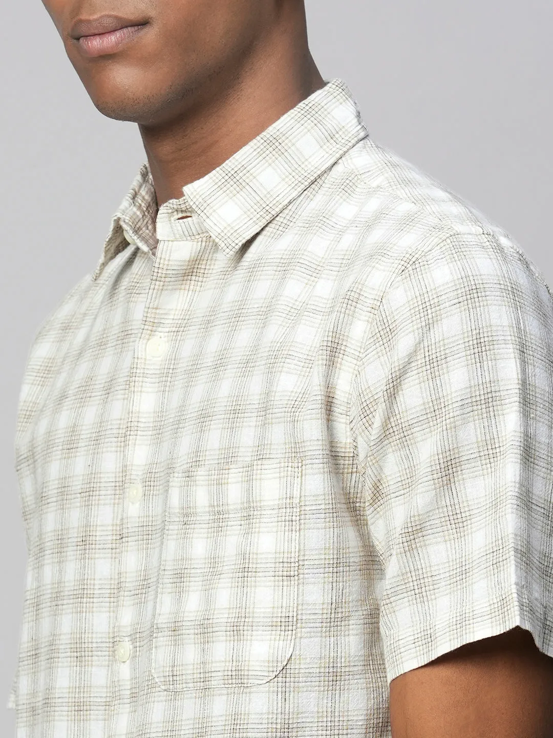 Men's Khaki Linen Cotton Regular Fit Checked Shirt