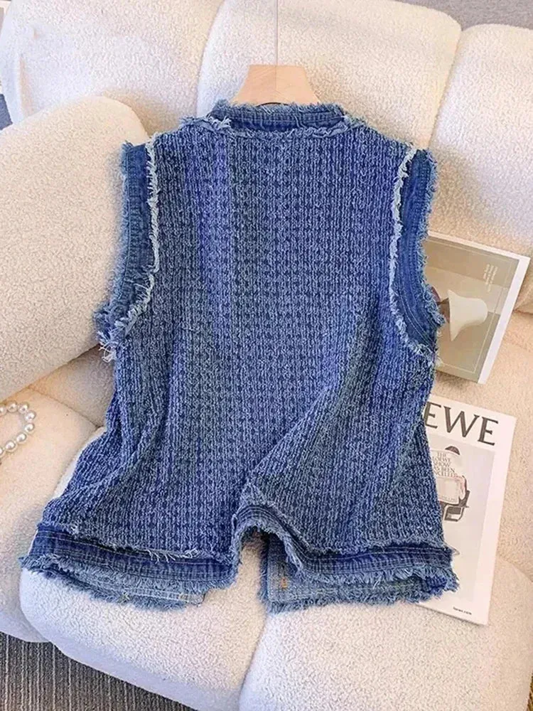 Metaversmall Spring Autumn Blue Plaid Denim Women's Vest with Tassel Elegant Fashion Women Single Breasted Flow Sleeveless Tank Top Coat