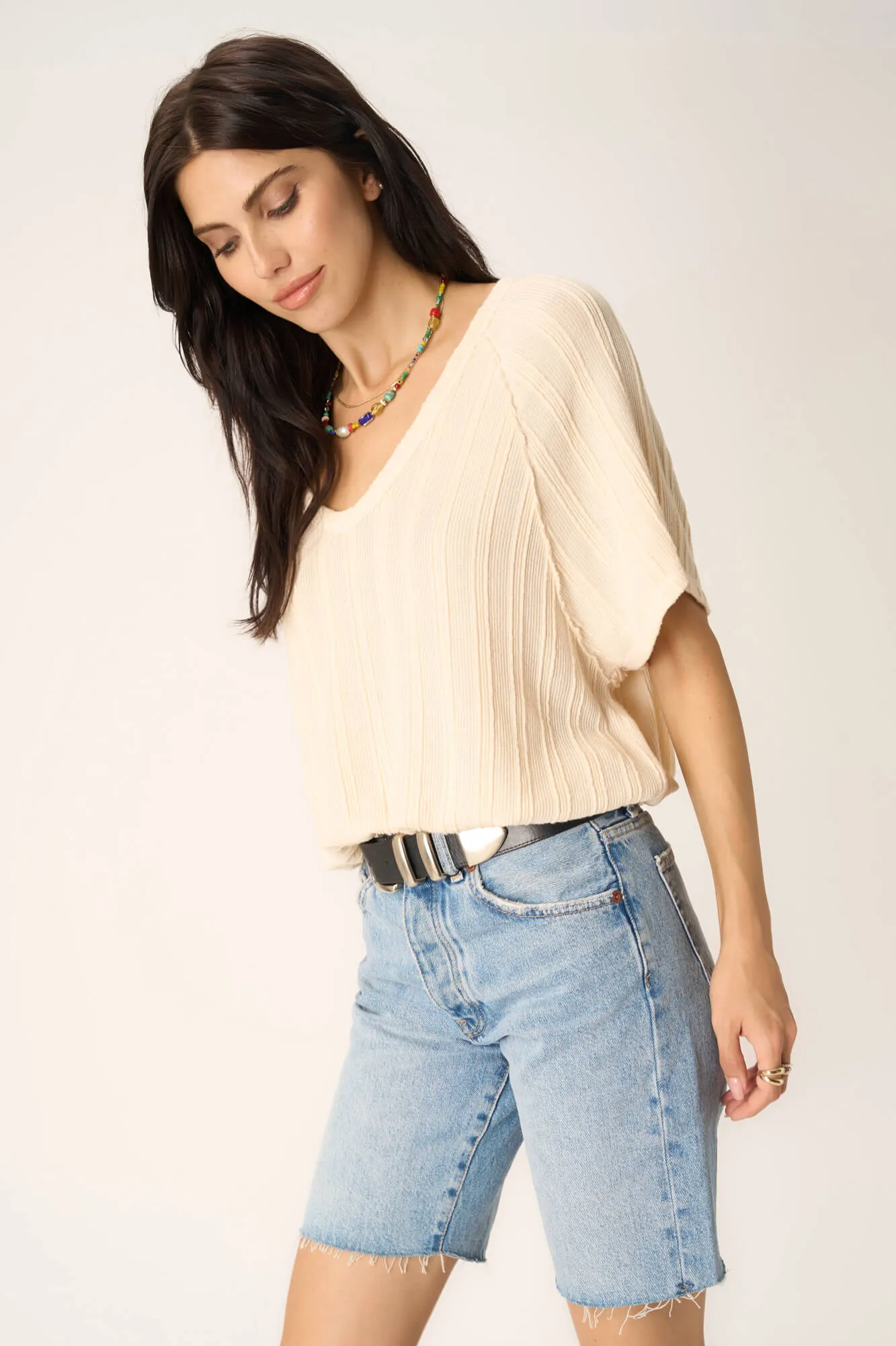 Paola Sweater V Neck Bubble Tee - Chalk