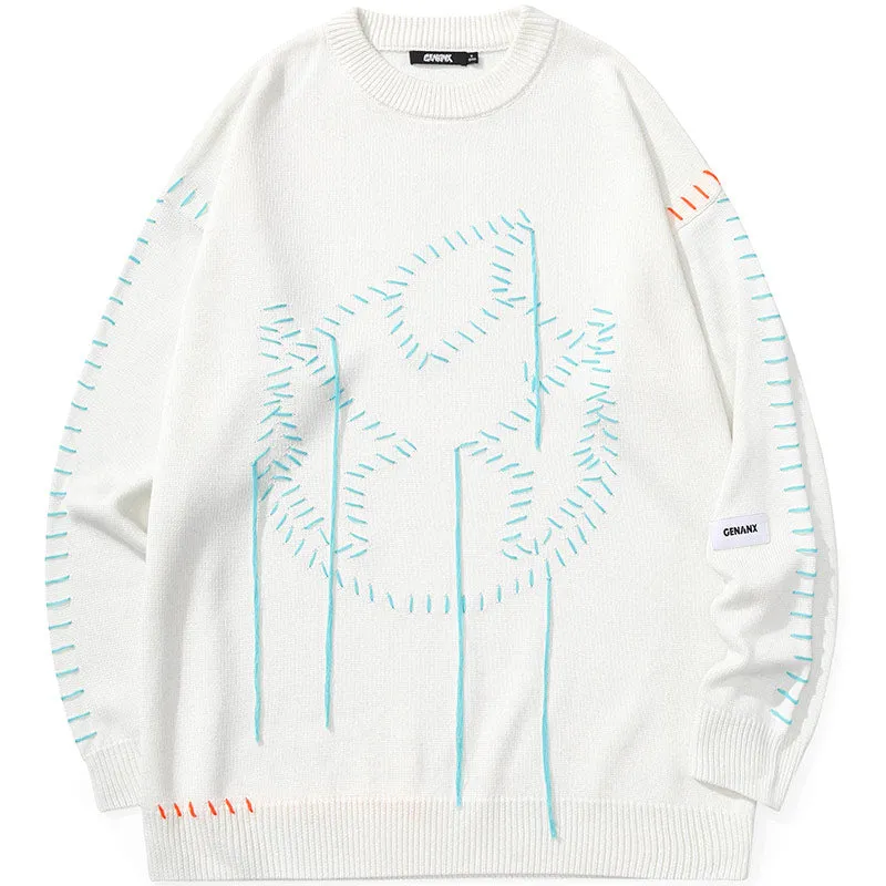 Plain Cartoon Jacquard Craw Neck Sweater