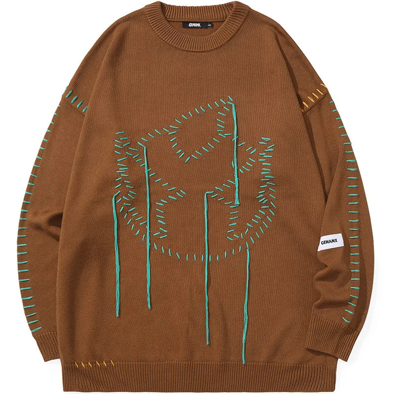 Plain Cartoon Jacquard Craw Neck Sweater