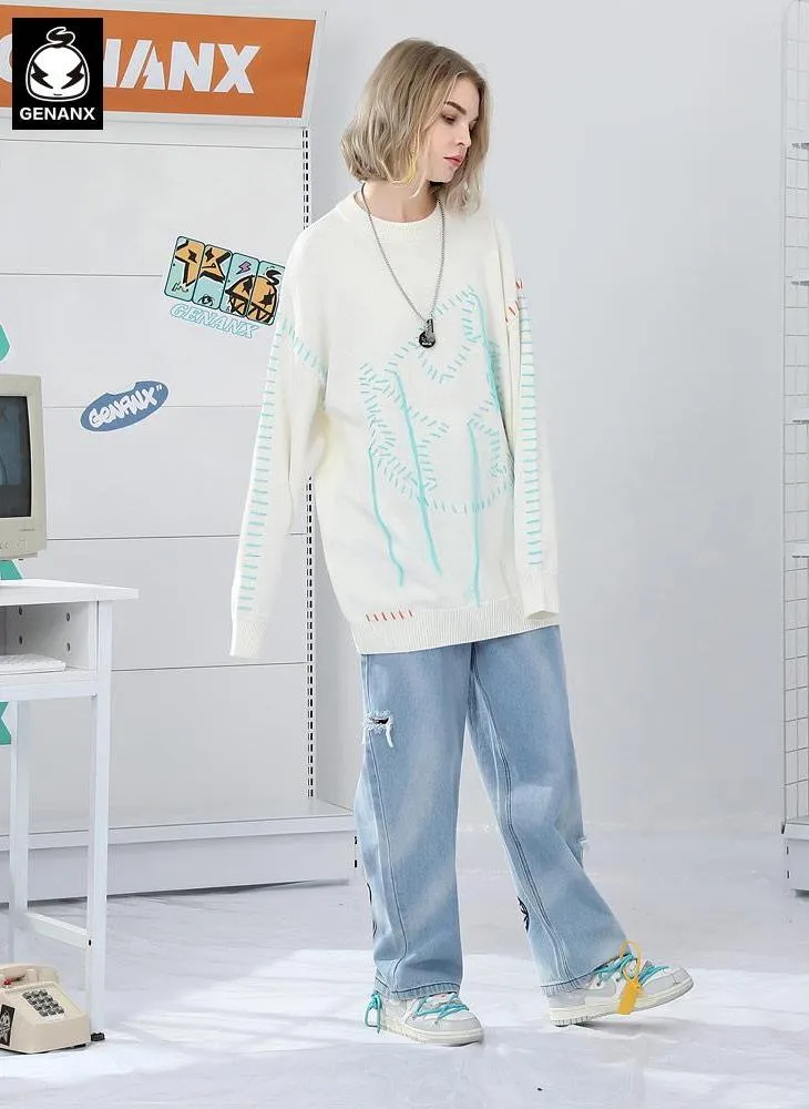 Plain Cartoon Jacquard Craw Neck Sweater