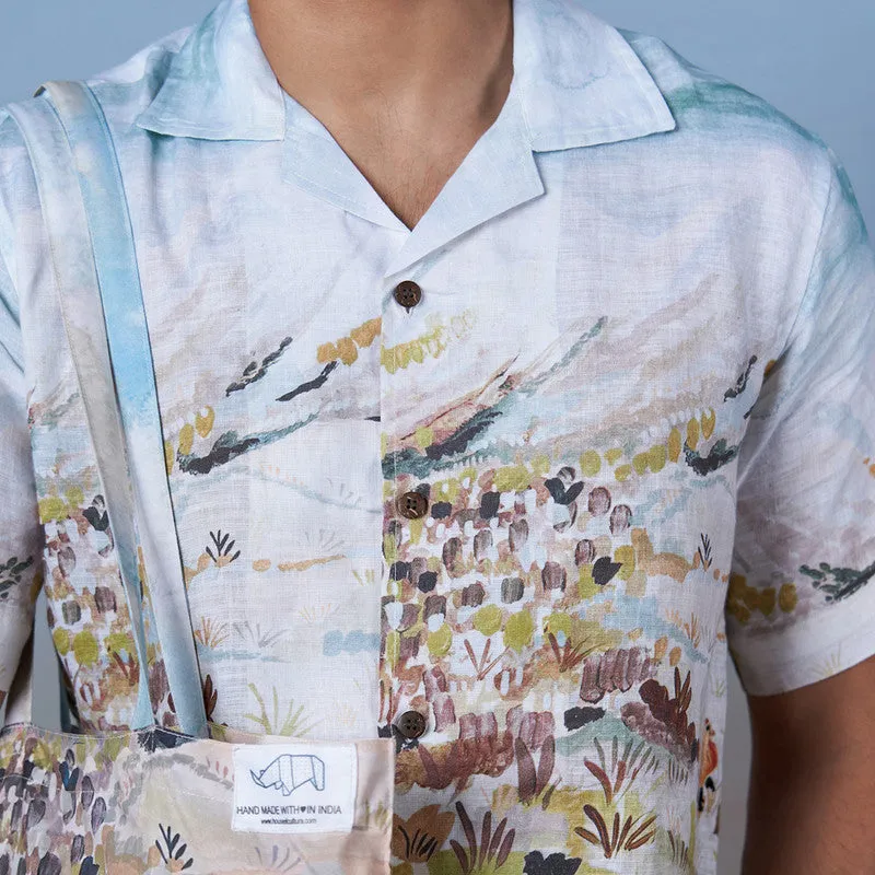 Printed Linen Shirt | Unisex | Hand-Painted | Blue