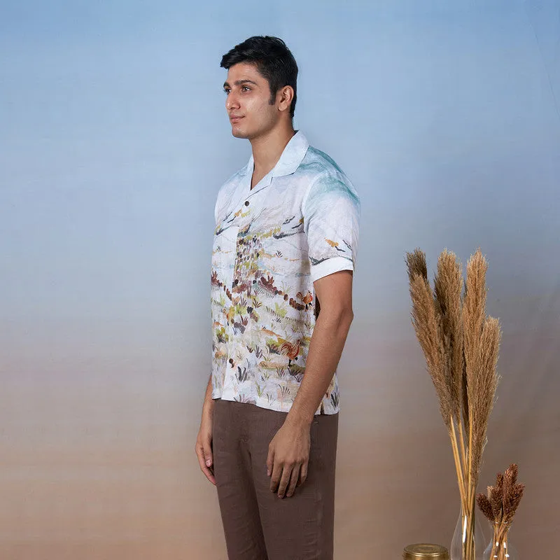 Printed Linen Shirt | Unisex | Hand-Painted | Blue