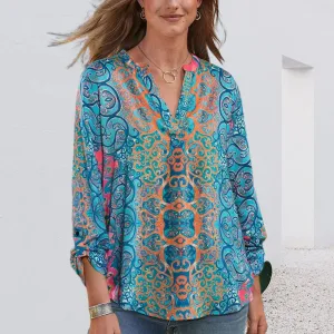 Printed Long Sleeve V Neck Casual T-Shirt