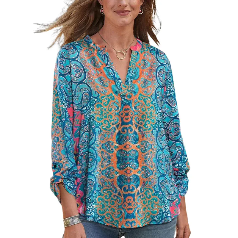 Printed Long Sleeve V Neck Casual T-Shirt