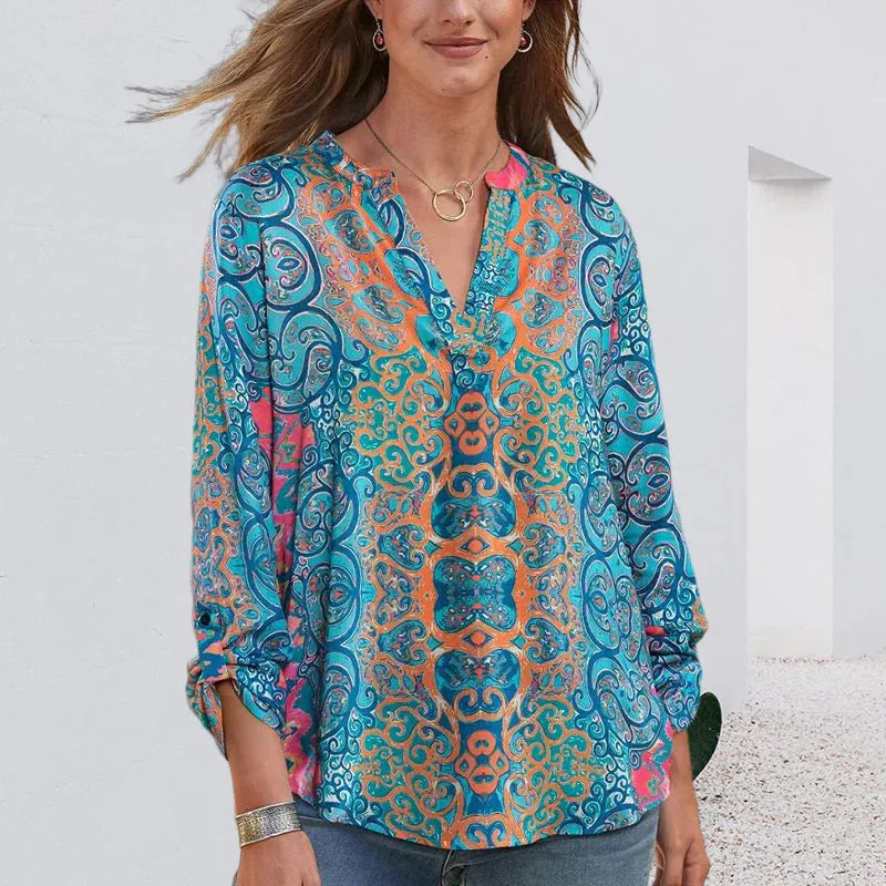 Printed Long Sleeve V Neck Casual T-Shirt