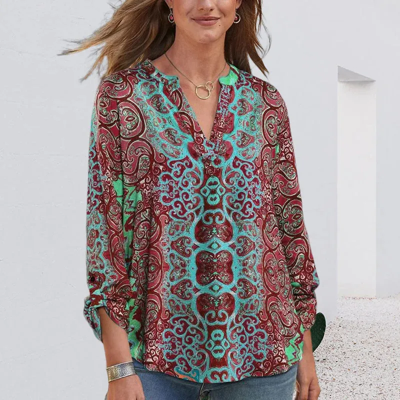 Printed Long Sleeve V Neck Casual T-Shirt