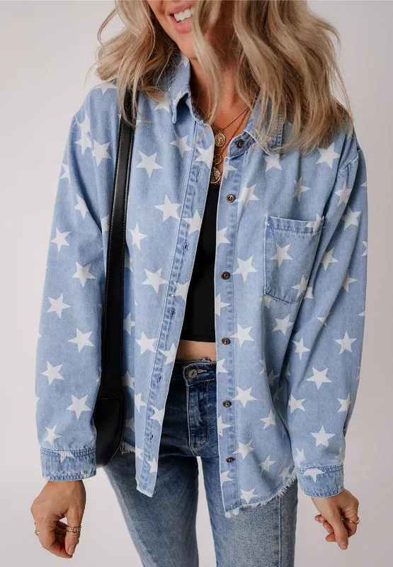 Raw Hem Star Collared Neck Denim Top