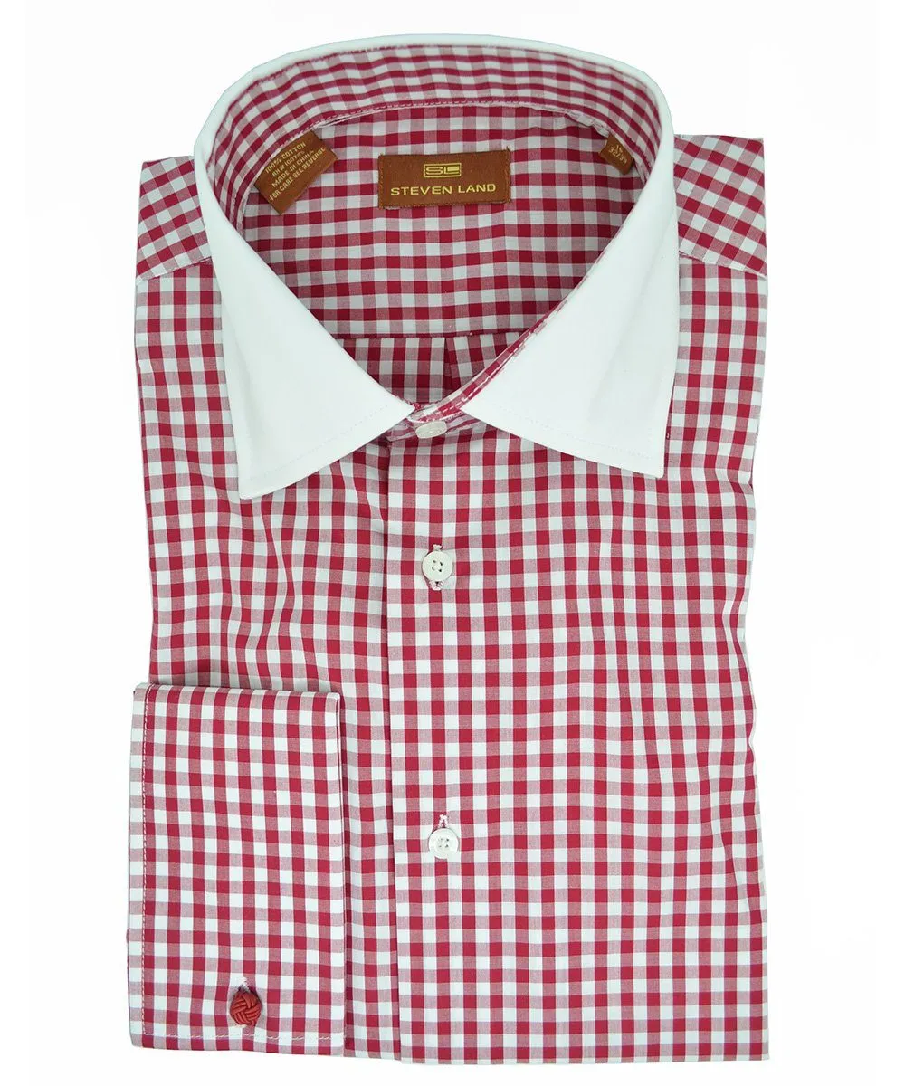 Red and White Gingham Dress Shirt with Contrast Collar