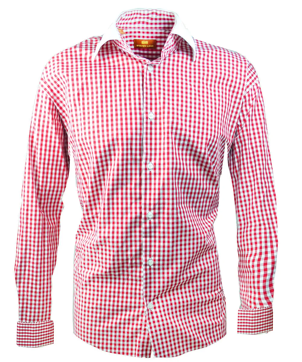 Red and White Gingham Dress Shirt with Contrast Collar