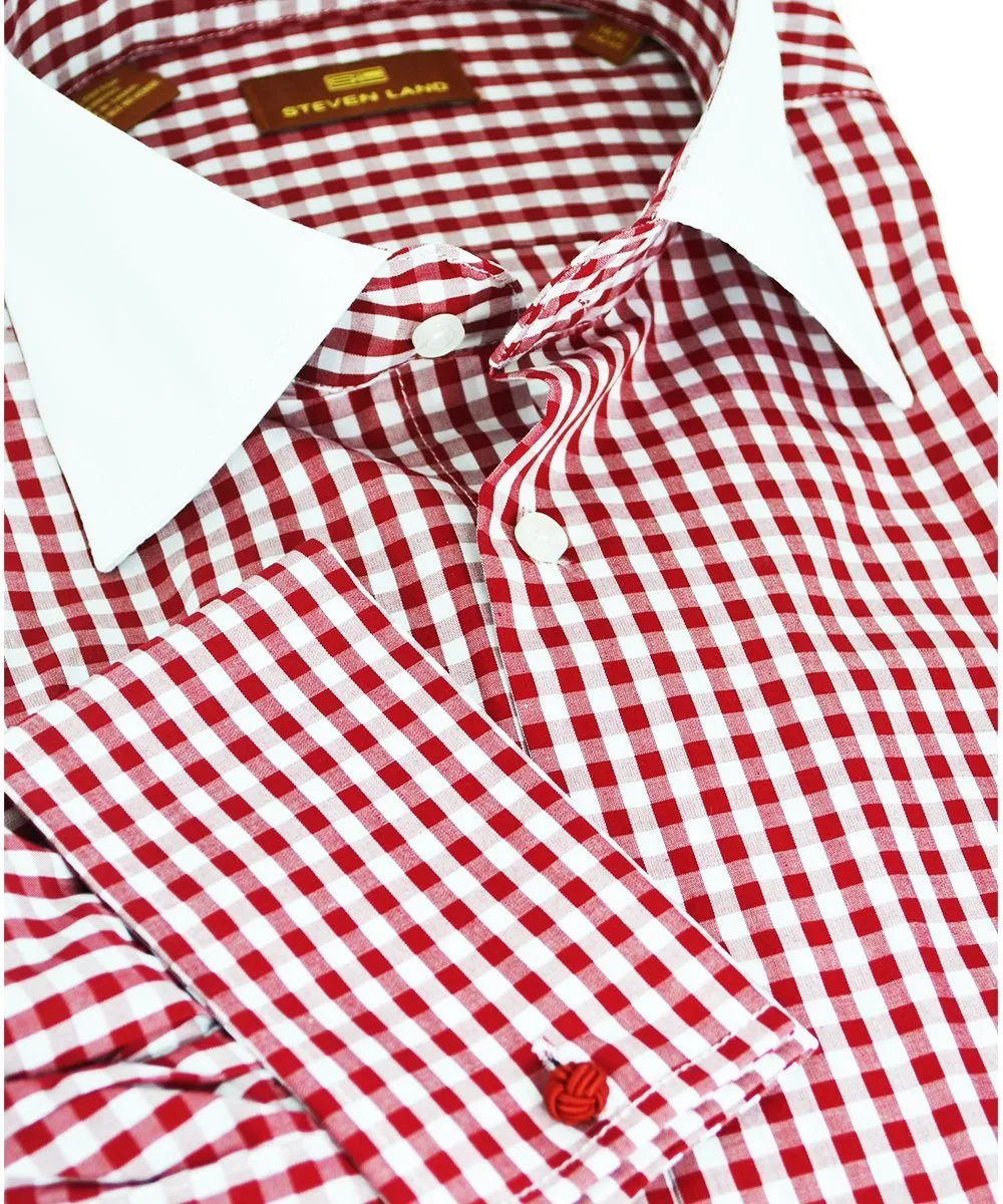 Red and White Gingham Dress Shirt with Contrast Collar