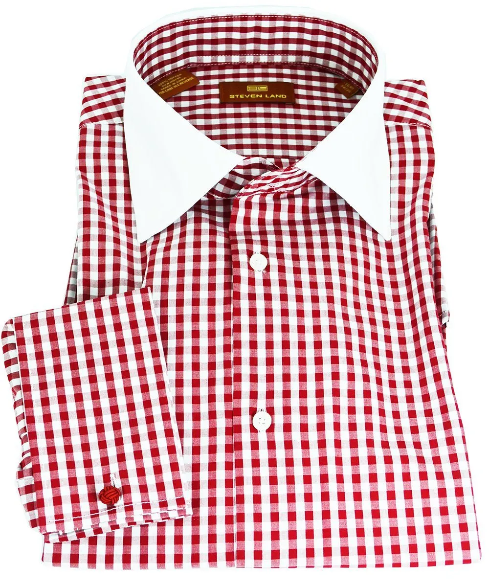 Red and White Gingham Dress Shirt with Contrast Collar