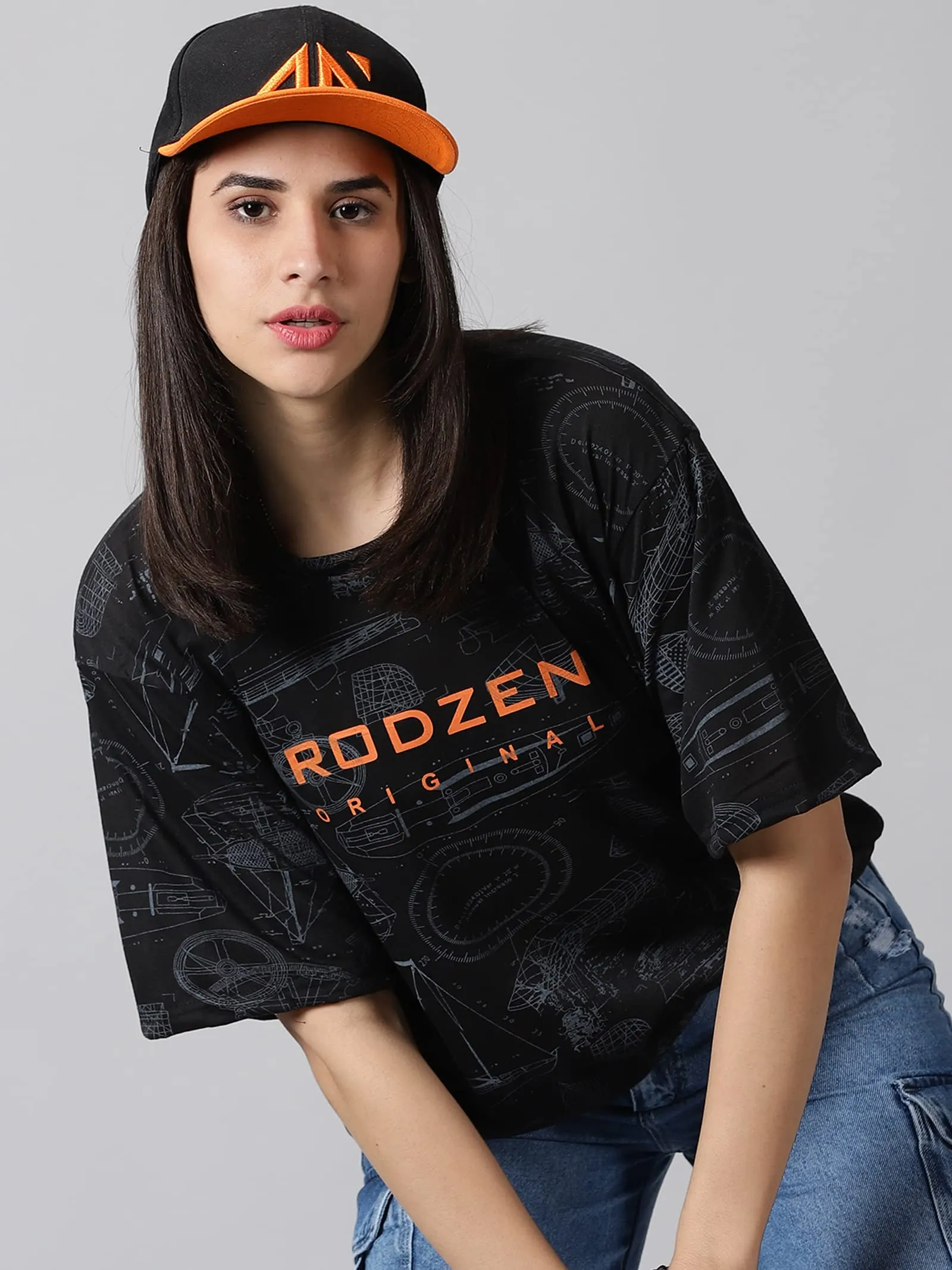 RodZen Oversized Loose Fit Cotton Blend Round Neck Boat Printed T-Shirt for Womens/Girls (Black, XL)